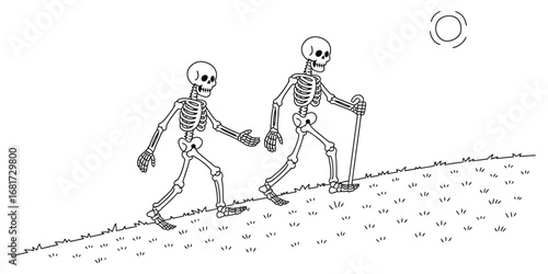 Retro vintage line art silhouette of a skeleton walking on a hill, minimalist vector illustration perfect for spooky designs, Halloween themes, and gothic art projects.