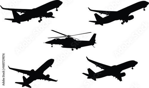 Silhouettes of commercial airplanes and military helicopter flying in different directions, aviation vector illustration for transport and travel design