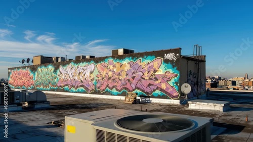 Vibrant urban graffiti on rooftop with cityscape horizon under blue sky
