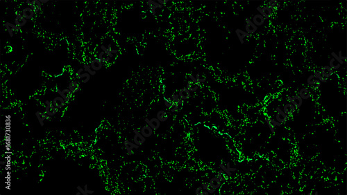 Abstract dark background with glowing neon green fractal texture. Fine, scattered organic lines and subtle patterns. Bioluminescence, or microscopic structures, creating a futuristic, high-tech