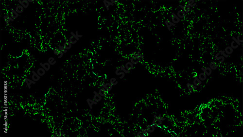 Abstract dark background with glowing neon green fractal texture. Fine, scattered organic lines and subtle patterns. Bioluminescence, or microscopic structures, creating a futuristic, high-tech