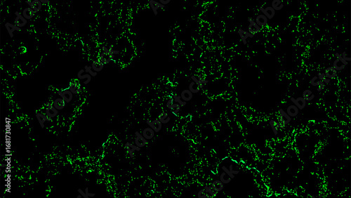 Abstract dark background with glowing neon green fractal texture. Fine, scattered organic lines and subtle patterns. Bioluminescence, or microscopic structures, creating a futuristic, high-tech