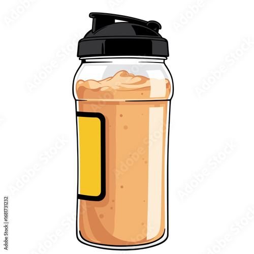 Protein shake in bottle. Protein shake in clear bottle with black lid and yellow label  