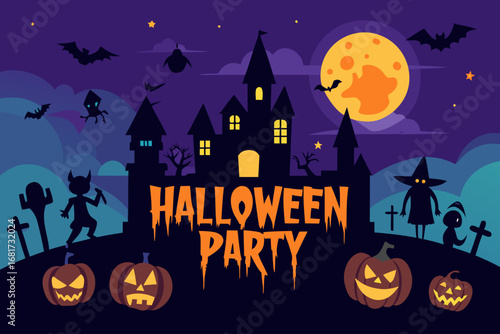 Spooky halloween party scene with castle and pumpkins