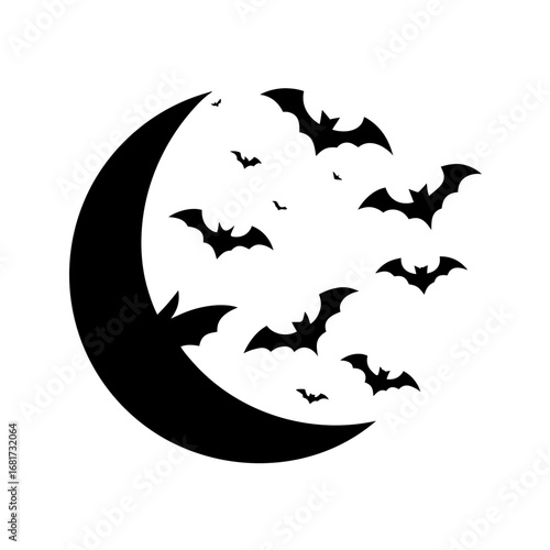 Silhouette of bats flying around a crescent moon