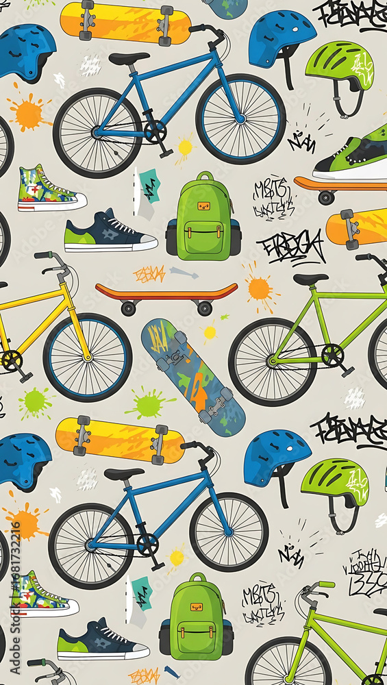 Urban Sports Lifestyle Flat Icons Seamless Pattern for Youth Culture and Extreme Activities