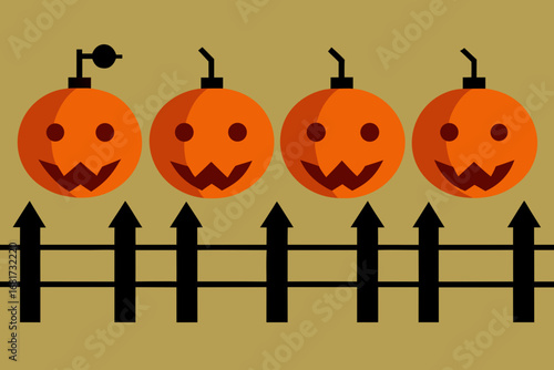 Four jack o lanterns lined up above a black fence