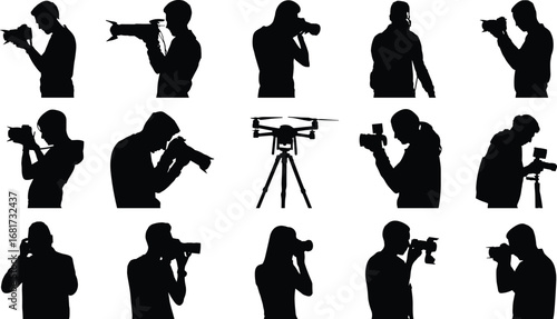 Photography silhouette set, camera operator icons, videography vector, drone usage, DSLR action, tripod scene, black graphic, creative equipment illustration