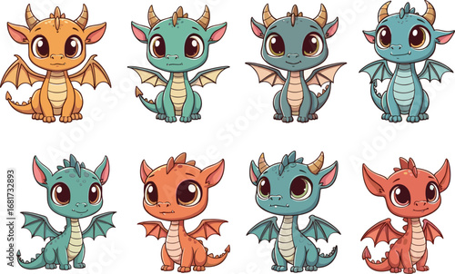 Vector collection of adorable baby dragons in different colors and poses, perfect for fantasy, magic, and whimsical themes.