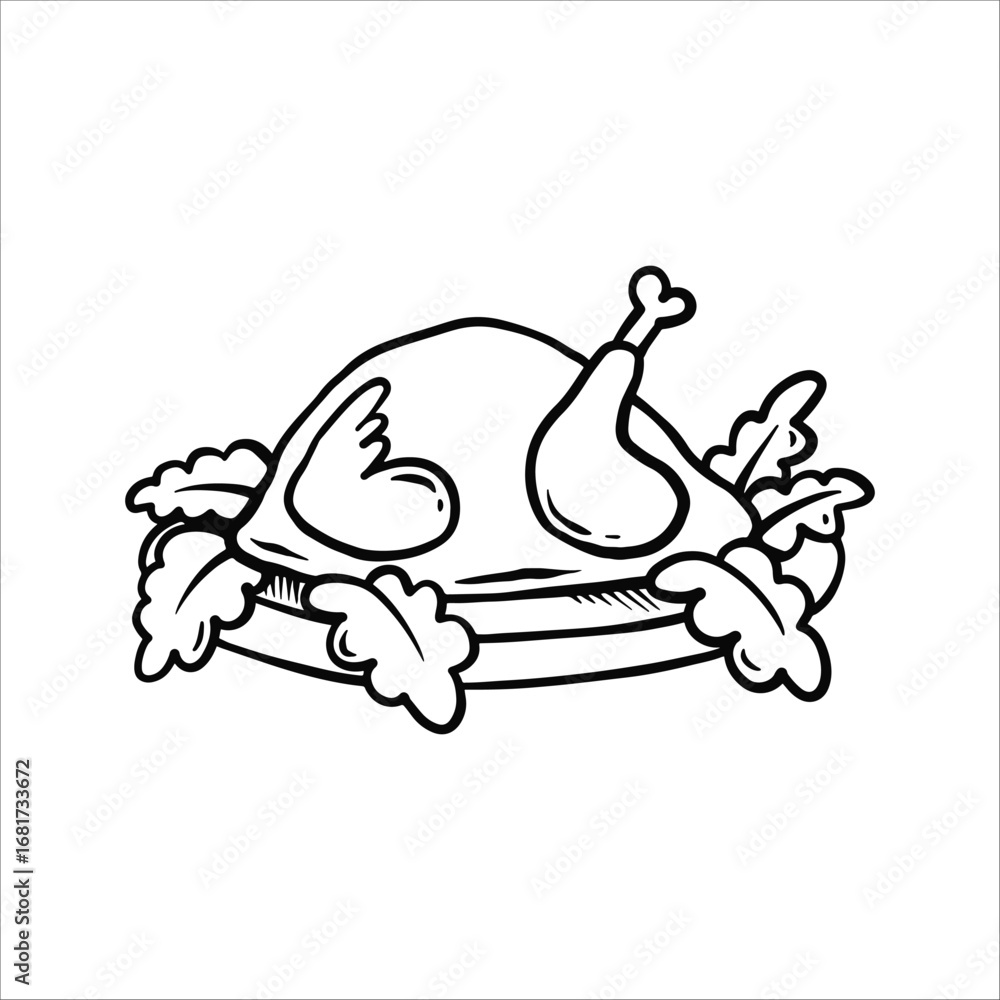 Fototapeta premium Thanksgiving roasted turkey Hand Drawn Cartoon Lineart Style