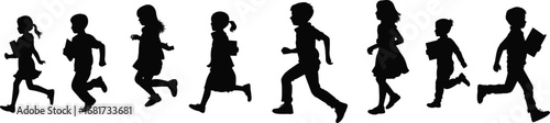 Running Children Silhouettes, School Kids, Black Vector Icons, Motion Poses, Childhood Activity, Education Concept, Isolated, Graphic Design Elements