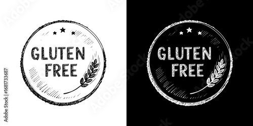 Monochrome isolated vector image, gluten free stamp design options, two design options on transparent and black backgrounds, pencil drawing, chalk drawing  
