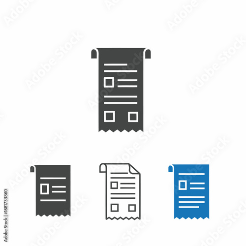A stylized icon collection of receipts or documents with different variations, Receipt and document icons representing financial transactions and important information