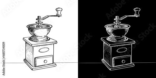 Vintage coffee grinder sketch in monochrome style, isolated vector image, two design options on transparent and black background, pencil drawing, chalk drawing, coffee shop