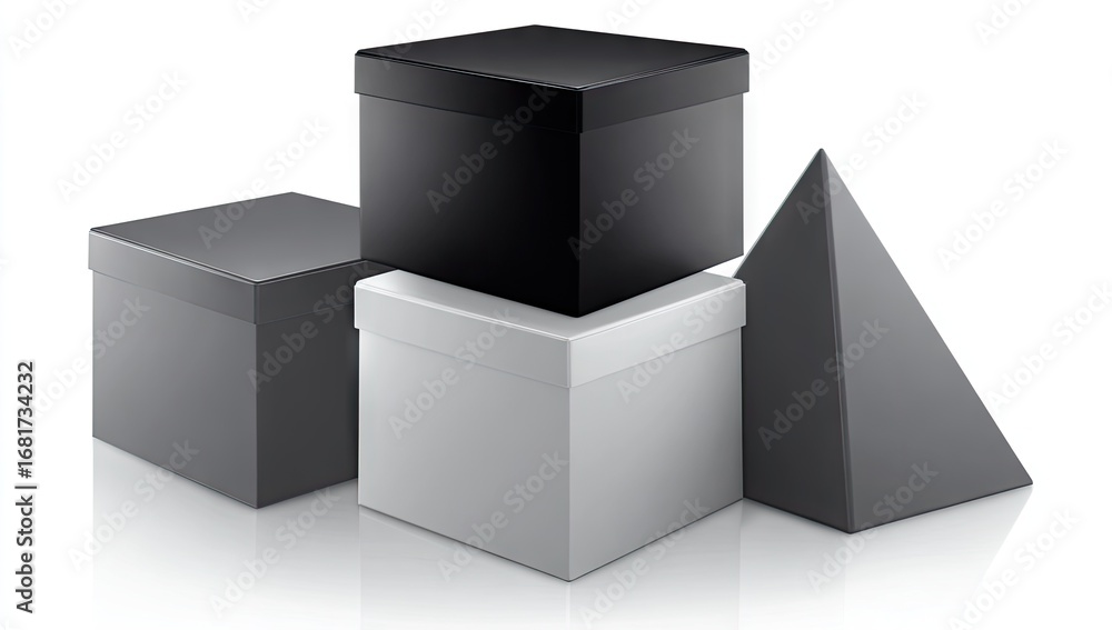 Obraz premium Stacked geometric boxes in grayscale tones, featuring a pyramid, illustrate a modern design concept.