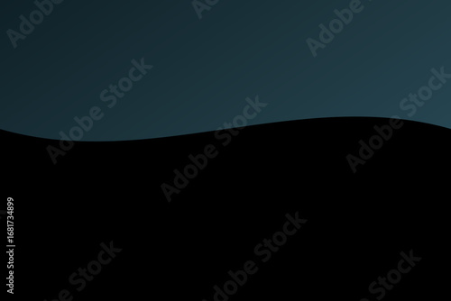 A gradient background in shades of dark teal and gray features a smooth, wavy design. Two