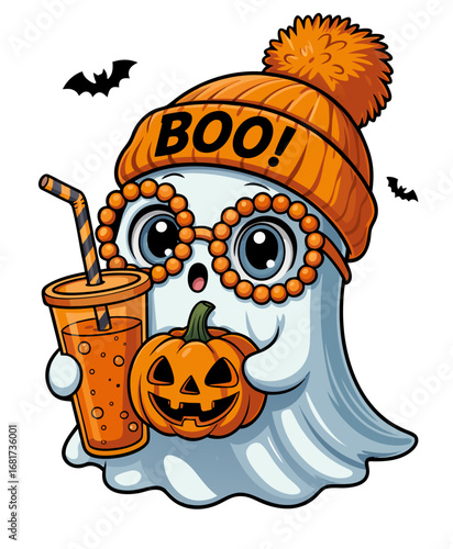 A cute cartoon illustration of a Halloween ghost
character wearing an orange knit beanie with a fluffy pom-pom and black text "BOO!" on the band