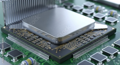 Close-up view of a central processing unit (CPU) mounted on a printed circuit board (PCB), showcasing intricate details of the metallic heat sink and the complex circuitry.