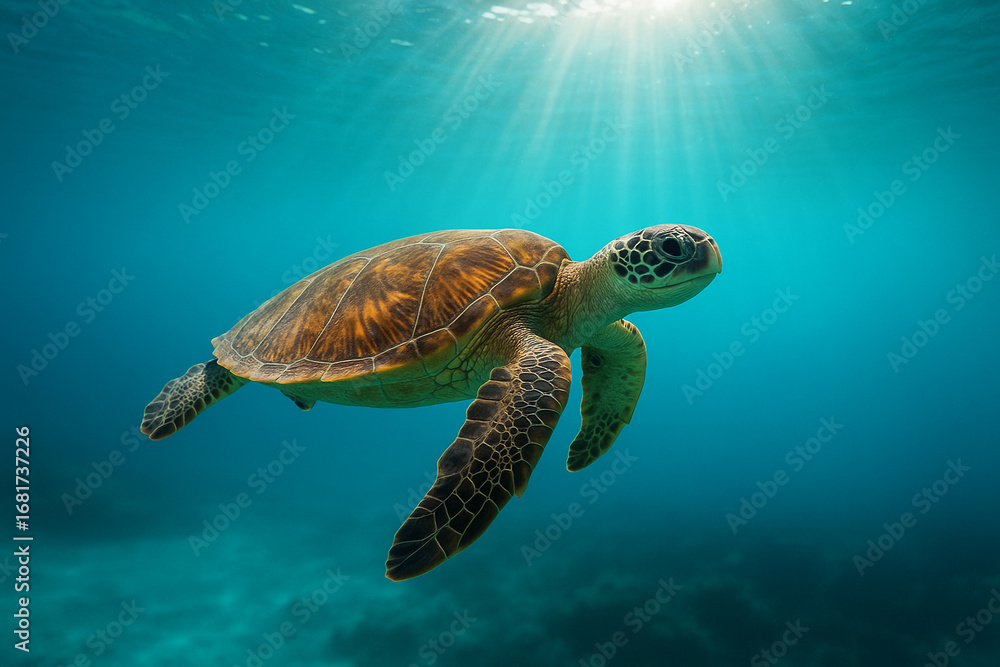 Fototapeta premium Majestic green sea turtle glides through crystal clear turquoise ocean waters under sunlight rays