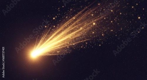 A brilliant golden comet streaks across a dark night sky, leaving a trail of glittering particles.