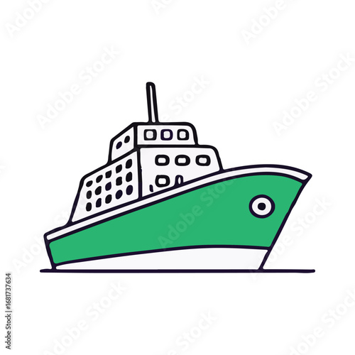 A vibrant cartoon ship sails on the sparkling blue sea, a perfect vector illustration for a nautical travel adventure