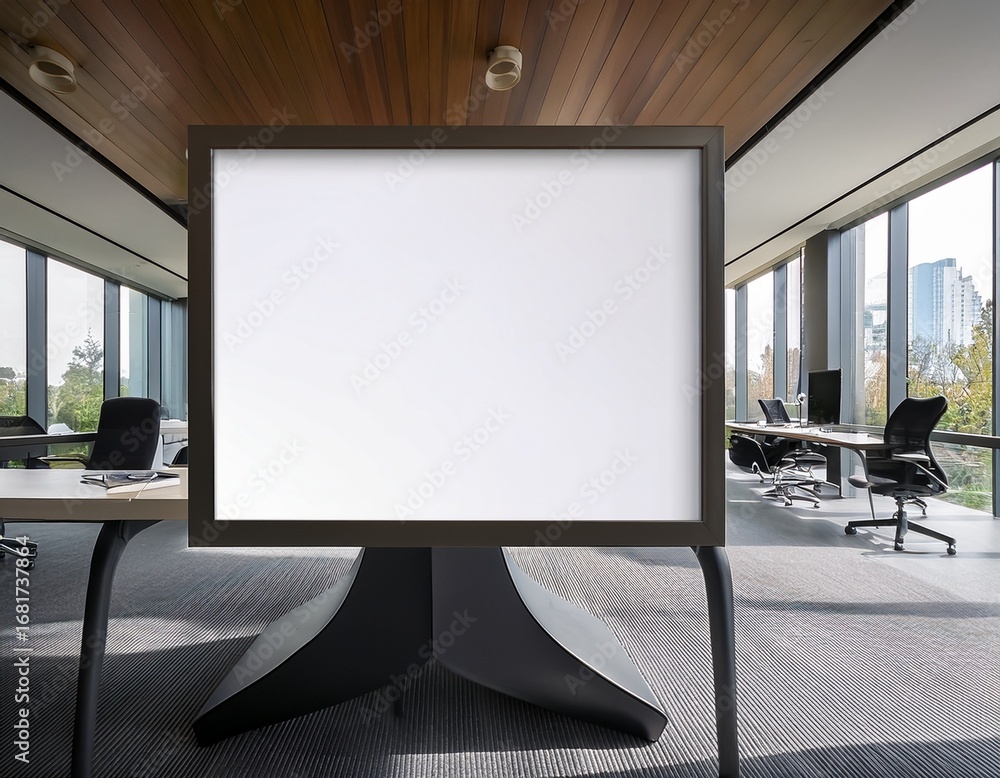 Fototapeta premium large blank frame in a minimalist office with sleek furniture