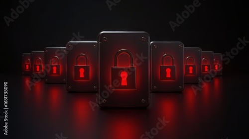 Photorealistic ransomware visualization with locked metallic blocks and luminous padlocks