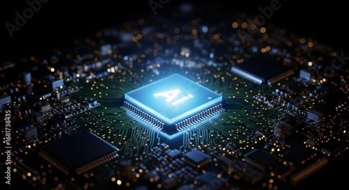 A glowing artificial intelligence chip sits atop a complex circuit board, illuminated by a soft, ethereal light.