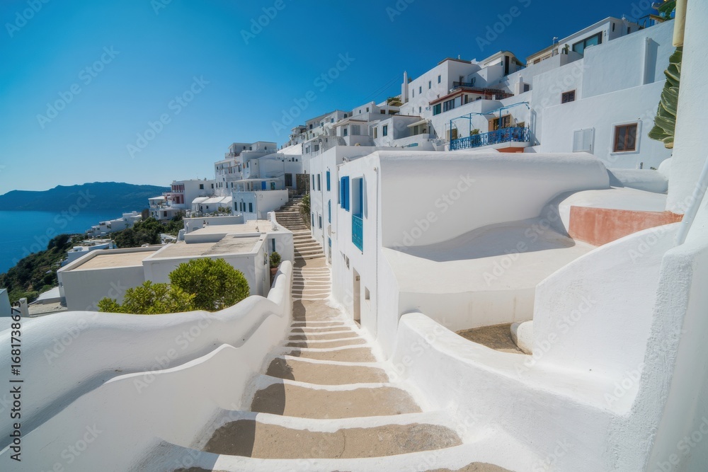 Obraz premium Whitewashed steps and buildings with blue accents, idyllic Greek island seaside village, bright sunlight and shadows, travel and tourism imagery