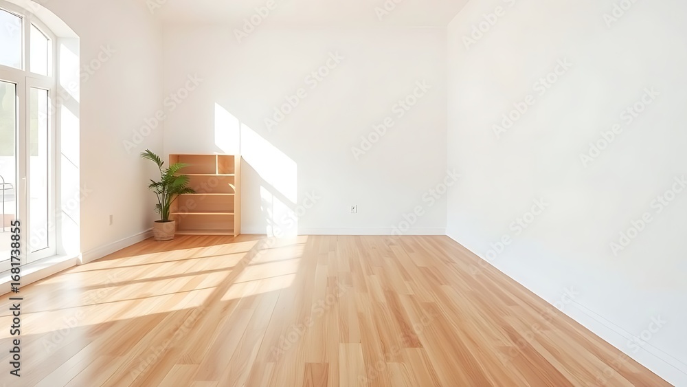 Fototapeta premium Minimalist living room with wooden floors and white walls, embodying clean modern design.