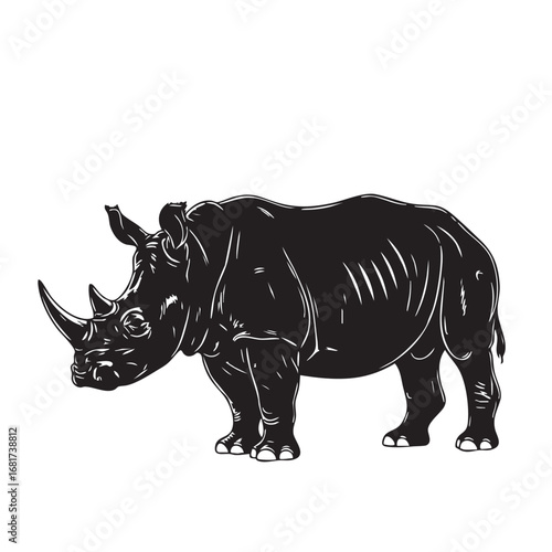 Majestic black rhinoceros standing proudly with detailed texture and powerful horns silhouette
