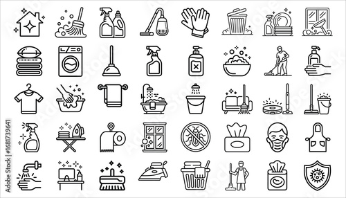 Cleaning Line Icons Set Housekeeping, Hygiene, Sanitation, Disinfection Vector