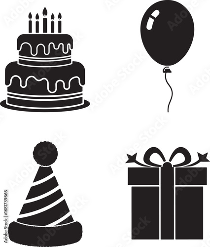 Birthday party set in black and white cake balloon party hat and gift box