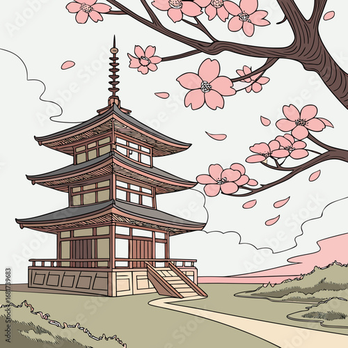 Traditional Japanese Pagoda Among Cherry Blossoms