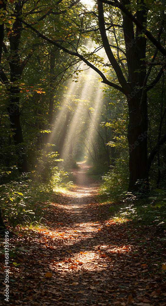 Obraz premium Sunbeams filter through the trees, illuminating a forest path covered in fallen leaves, creating a serene and mystical atmosphere.
