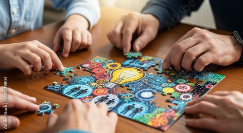 Hands carefully place puzzle pieces together, forming a vibrant image of gears, lightbulb, and people, creating a collaborative and inspiring scene.