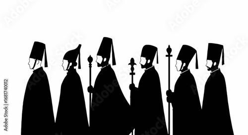 Stylized silhouette procession of traditional officials or clergy, depicting a solemn imperial enthronement ceremony or formal event.