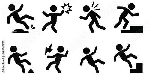 Stickman action silhouette icons showing falling, slipping, fighting, and movement poses for safety, accident, and activity illustrations