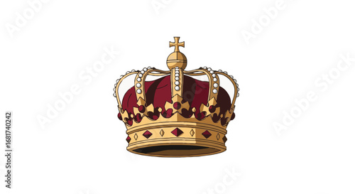 Ornate Imperial Crown Illustration. Golden, jeweled with red velvet, symbolizing royalty, power, monarchy, and enthronement celebration.