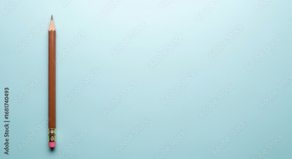 Naklejka premium Single wooden pencil on light blue background with copy space