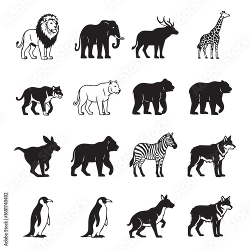 Diverse wildlife collection featuring majestic lions elephants giraffes zebras and more safari animals silhouette