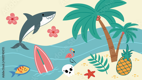 Tropical beach scene with shark surfboard palm trees and flamingo summer vacation clip art vector illustration