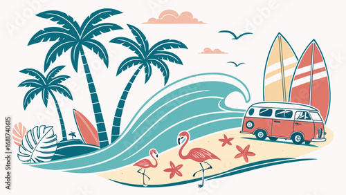 Tropical beach vacation scene with palm trees, surfboards, flamingos, and a vintage van for summer vibes