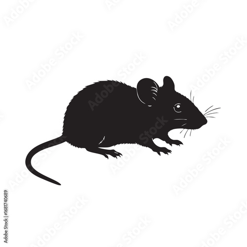 Silhouette of a small black mouse with detailed whiskers and ears on a silhouette