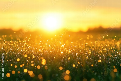 Golden Sunrise Over Dew-Kissed Grass, Creating Bokeh Effect and Glowing Atmosphere