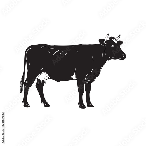 Silhouette of a cow standing profile view realistic farm animal on a clean silhouette