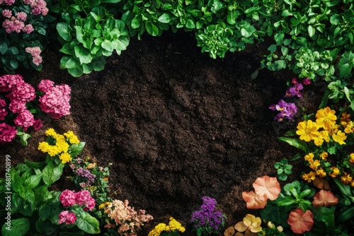 Colorful Flower Garden with Dark Soil Center for Copy Space, Top Down View