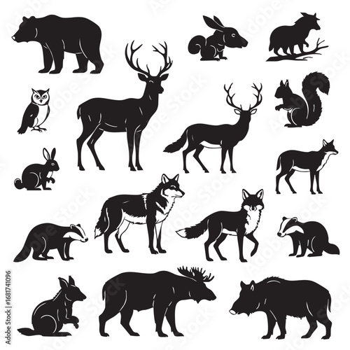 Diverse collection of wild forest animals silhouettes including bear deer fox wolf owl squirrel badger rabbit and boar silhouette