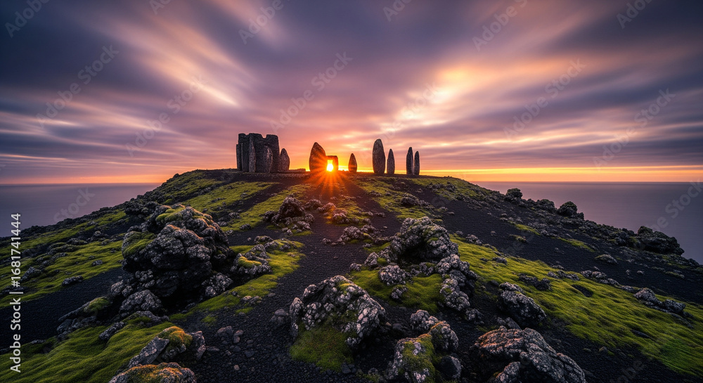 Fototapeta premium Ancient Volcanic Island with Mossy Observatory at Golden Hour Sunset