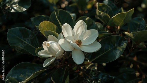 Two beautiful white magnolia flowers blooming on a tree in the spring season